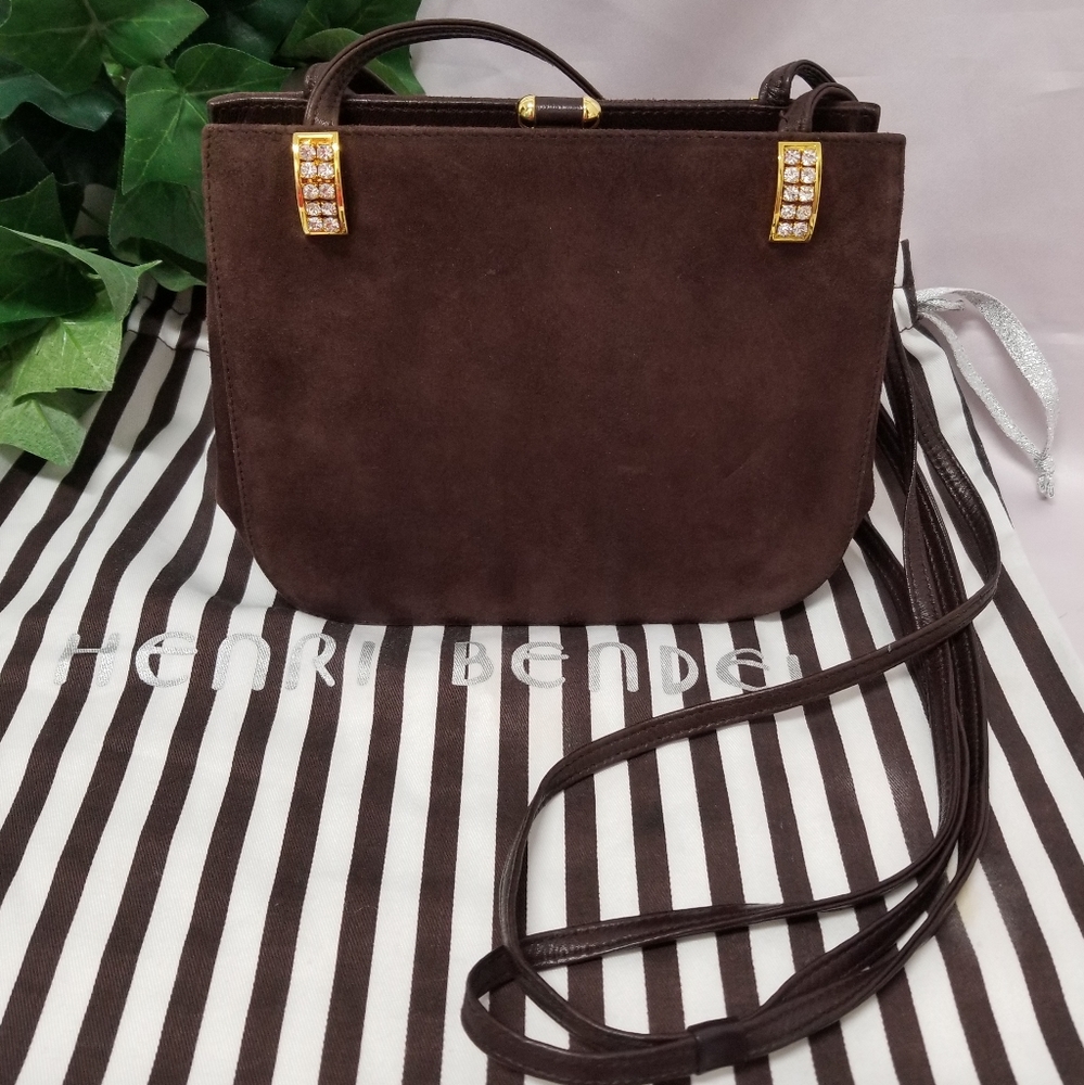 Henri Bendel RARE Vintage Brown Suede Swarovski Crystal Crossbody Made in Italy - Picture 2 of 15